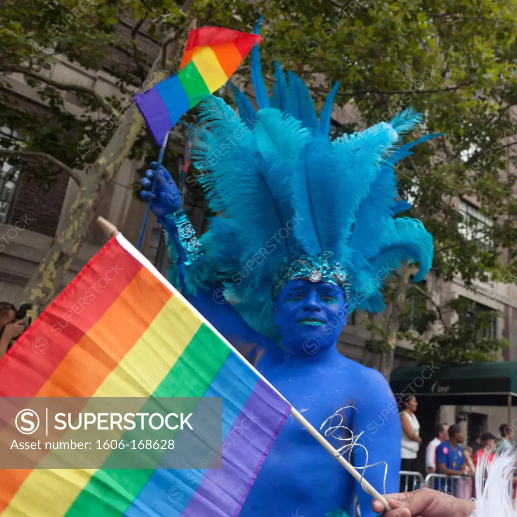 New York - United States, gay pride parade on fifth avenue, Portrait of a man who is painted blue