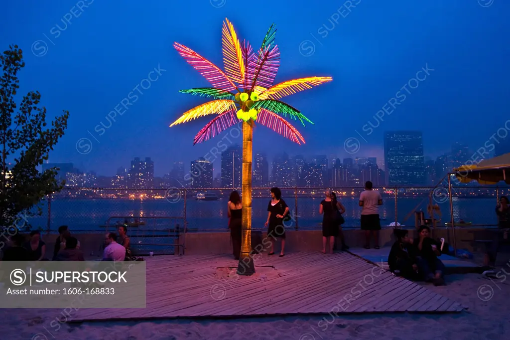 New York - United States, dance party at Harry's, Water Taxi Beach, bar, beach, Long Island city in front of Midtown Manhattan skyline, palm tree decoration at night