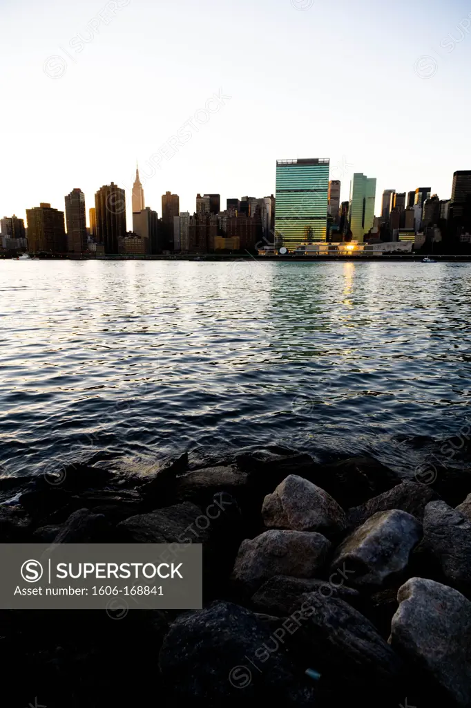 New York - United States, Manhattan Skyline, East river, at sunset