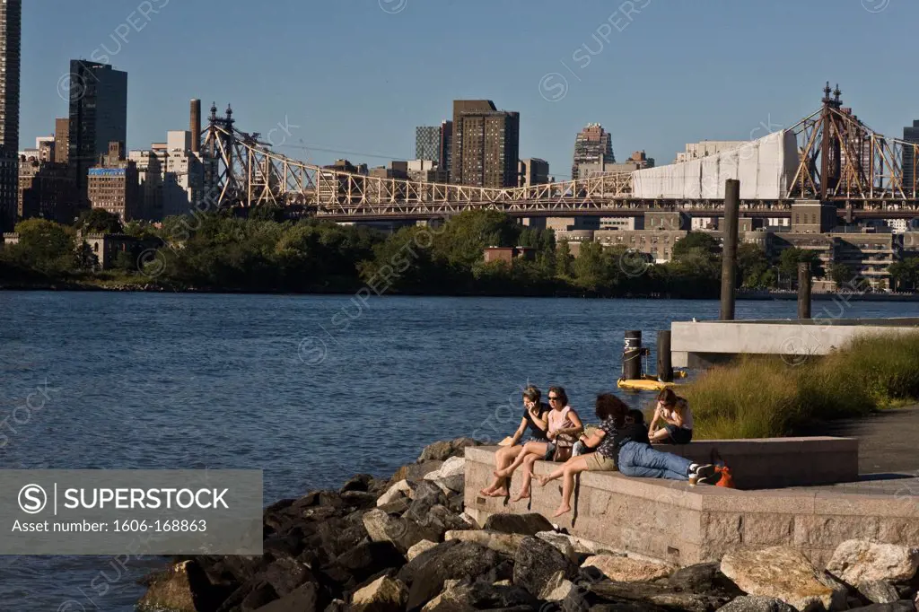 New York - United States, 59th street, Queensboro bridge, Manhattan Skyline view from Long island city quays, new real estate project in Queens, people gazing the view