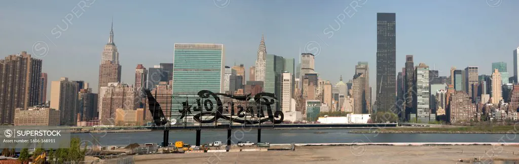 New York - United States, empty land under works, former Pepsi Cola factory and old industrial docks, new real estate project in Long island city Queens with a view on Manhattan Skyline