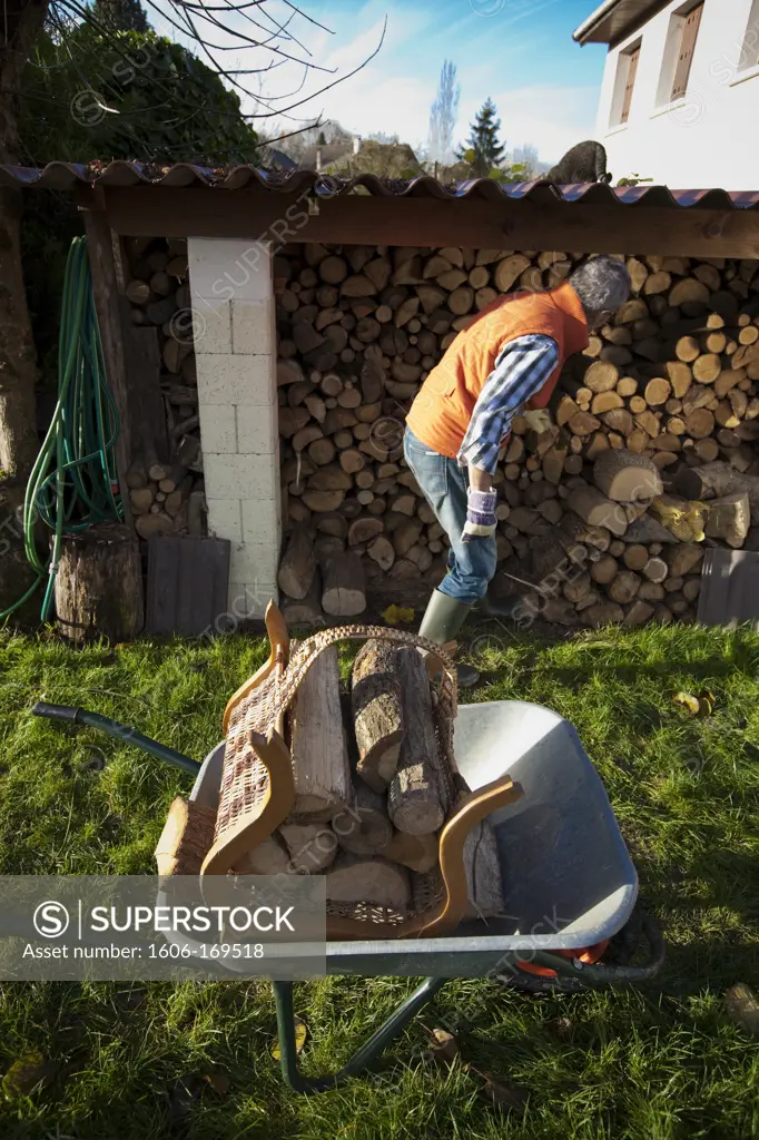 Man collecting logs in the garden, France