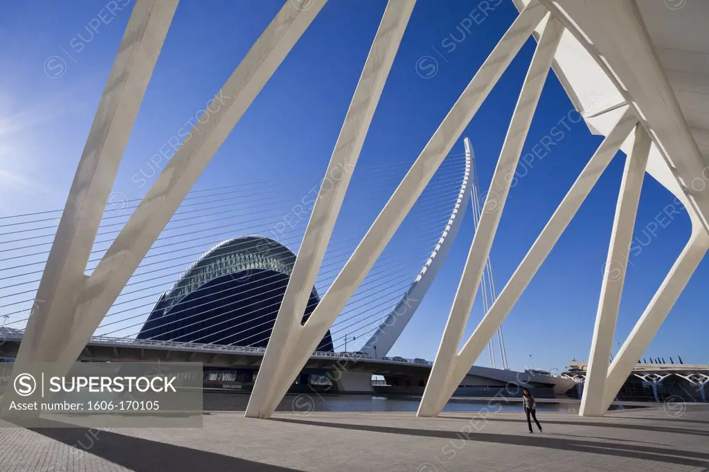 Spain-Valencia Community-Valencia City-The City of Arts and Science built by Calatrava-Assut del Or Bridge and Agora Bldg.