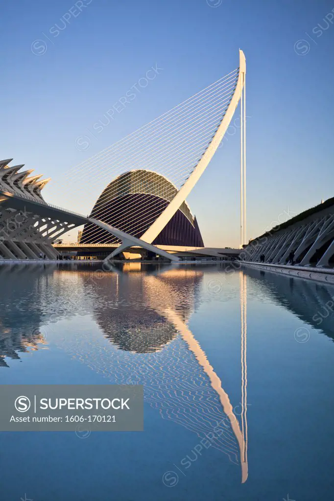 Spain-Valencia Community-Valencia City-The City of Arts and Science built by Calatrava-Assut del Or Bridge and Agora Bldg.