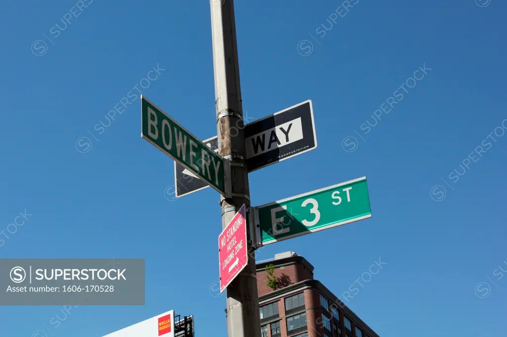 USA, New York City, Manhattan, Lower East Side, Bowery @ 3rd street, street signs, street scenes