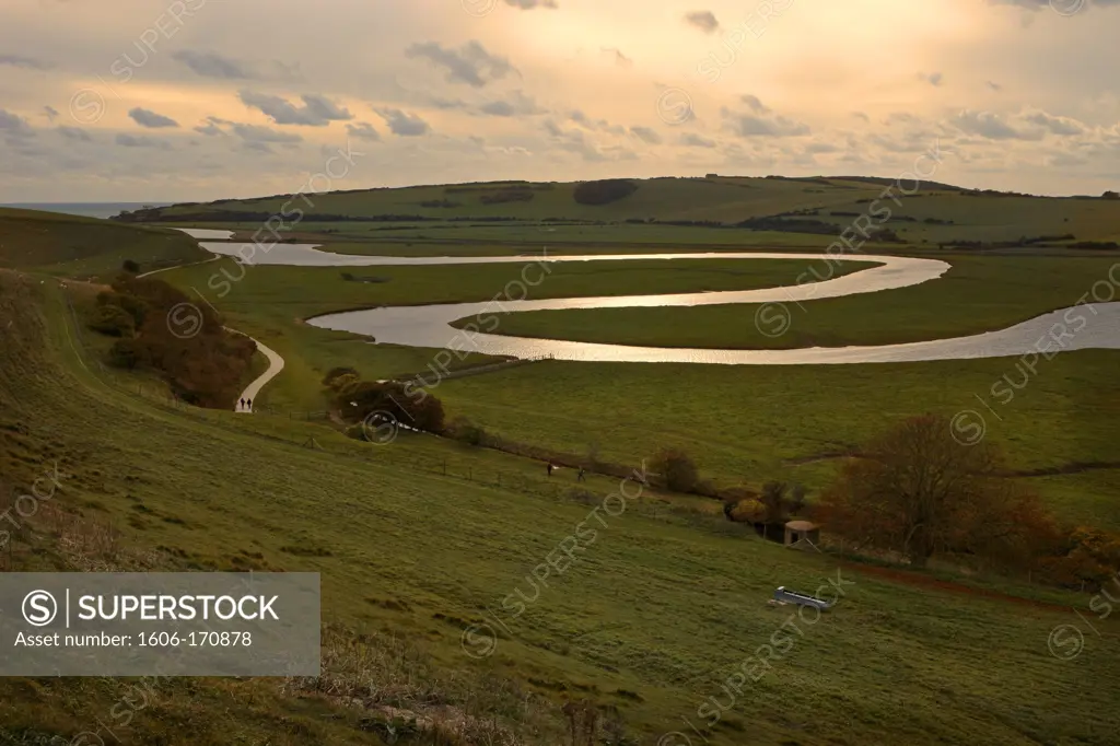 U.K, Sussex, South Downs National Park,river Cuckmere meanders at sunset