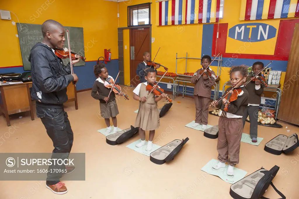 South Africa, Cape Town, Township of Langa, Primary school, students playing violin