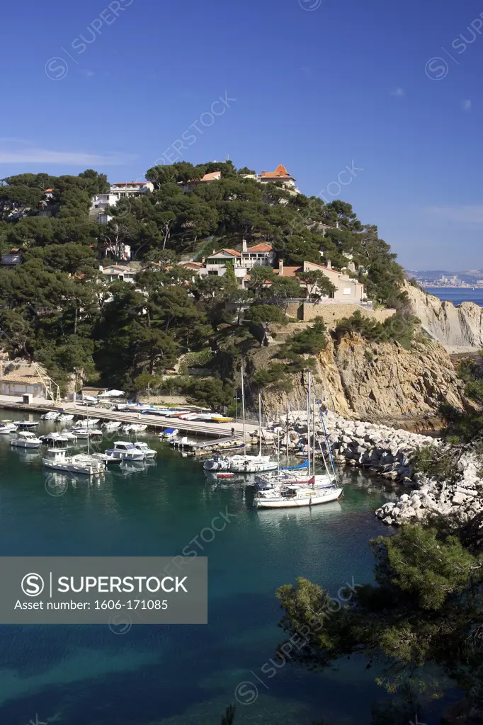 France, Ensues, Redonne calanque, Aerial view of the small harbor