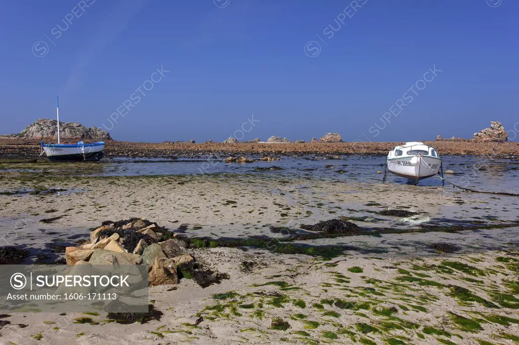 France, Cotes d' Armor, Plougrescant, low tide, boats