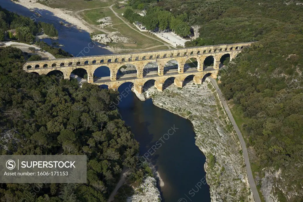 France, Pont du Gard, aerial view