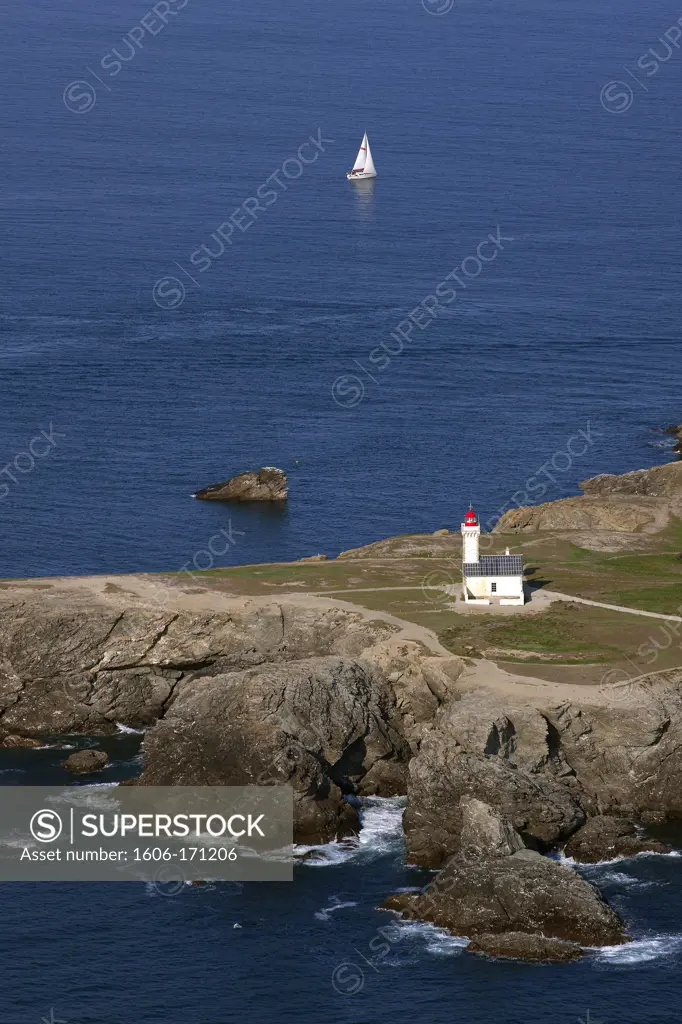 France, Morbihan, Belle Ile en Mer, Lighthouse of Poulains, aerial photo