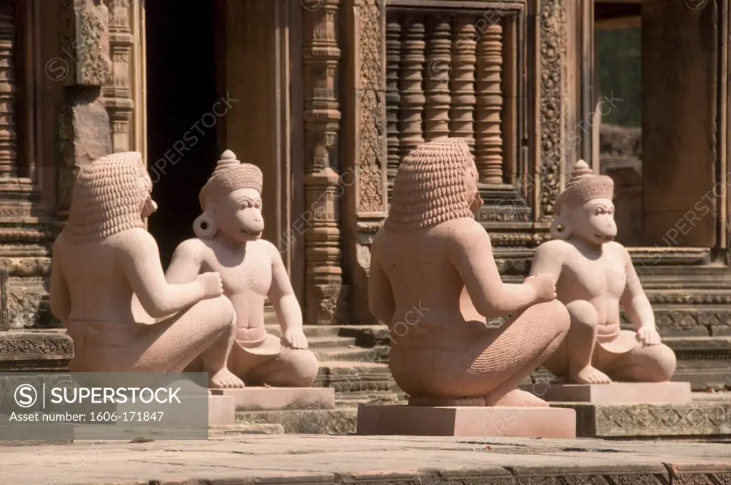 Asia, Cambodia, Siem Reap , Banteay Srei, temple dedicated to Hindu god Shiva  , 4 statues of Hanuman Hindu monkey god ,
