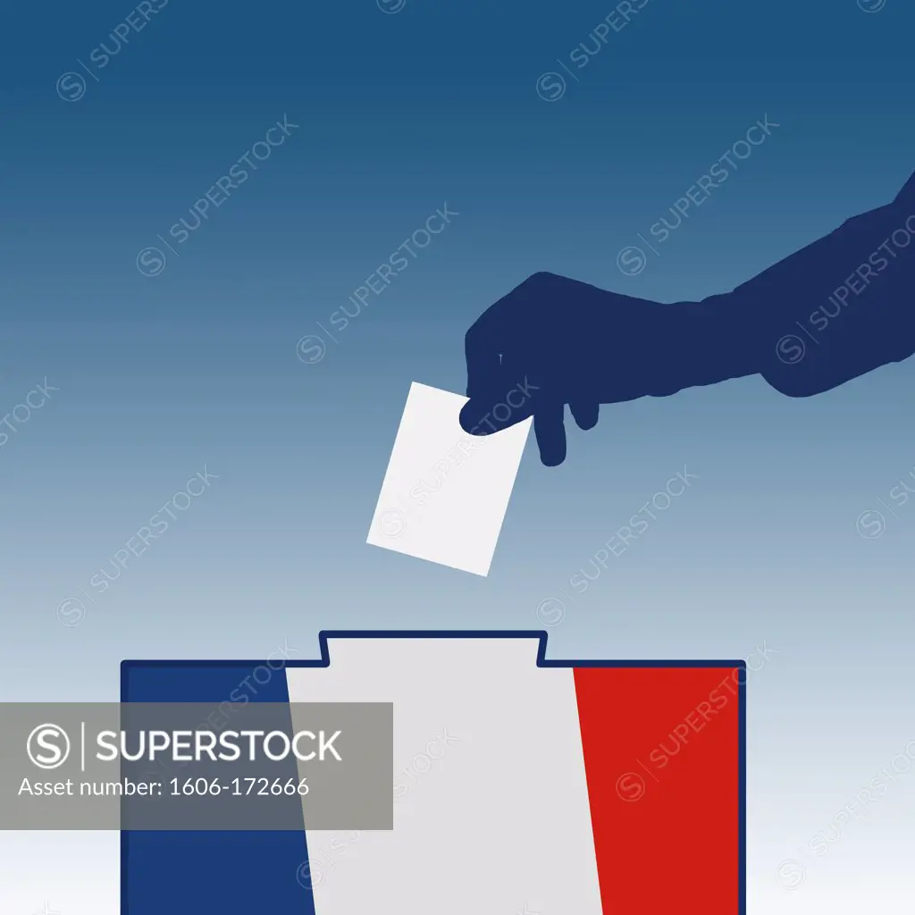Silhouette of hand placing a ballot in a ballot box covered with the colors of the French flag