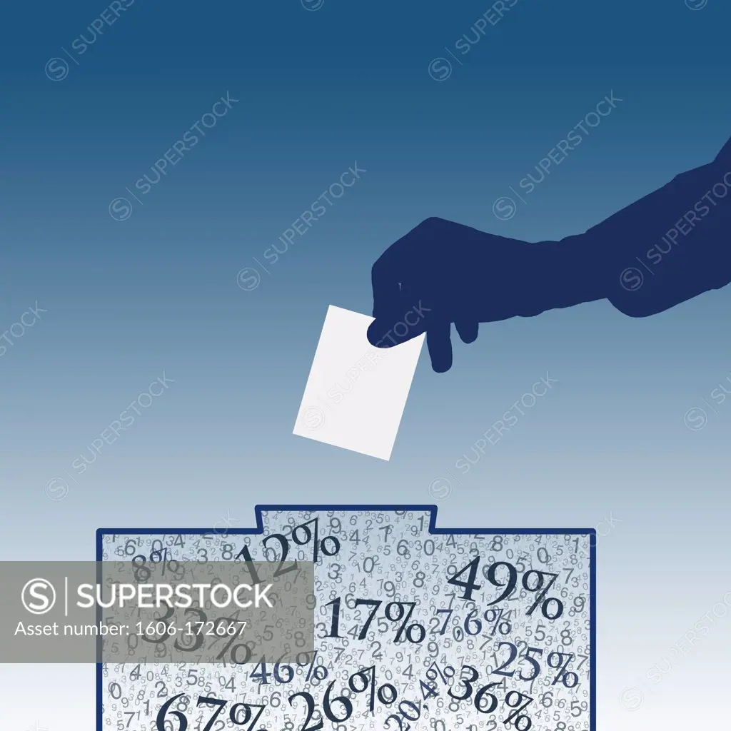 Silhouette of hand placing a ballot in a ballot box full of percentages