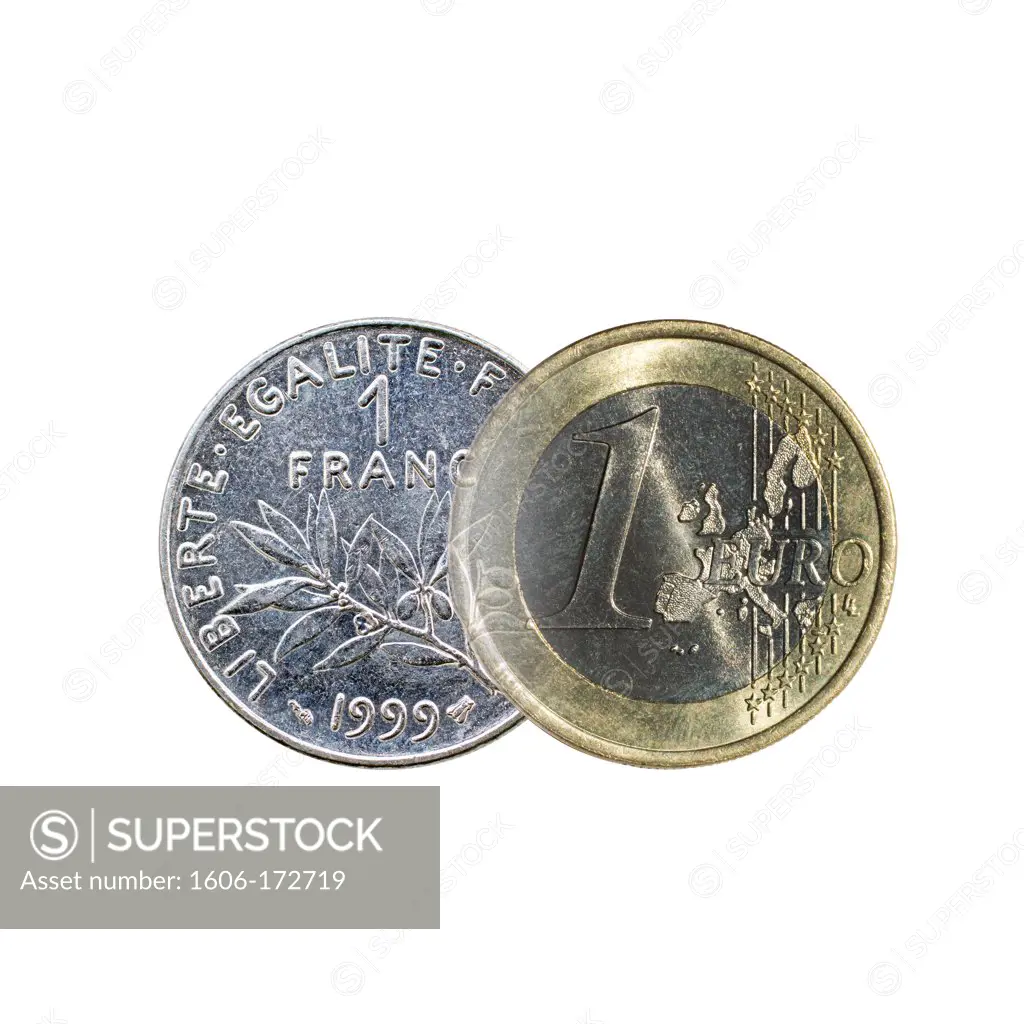 Euro coin and 1 french franc coin