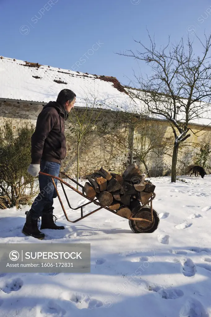 Man carrying firewood snowtime
