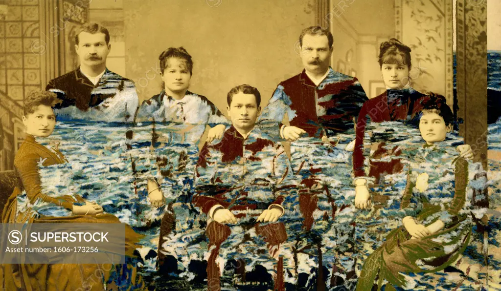 Painted and assembled ancient photograph of a family circa 1900