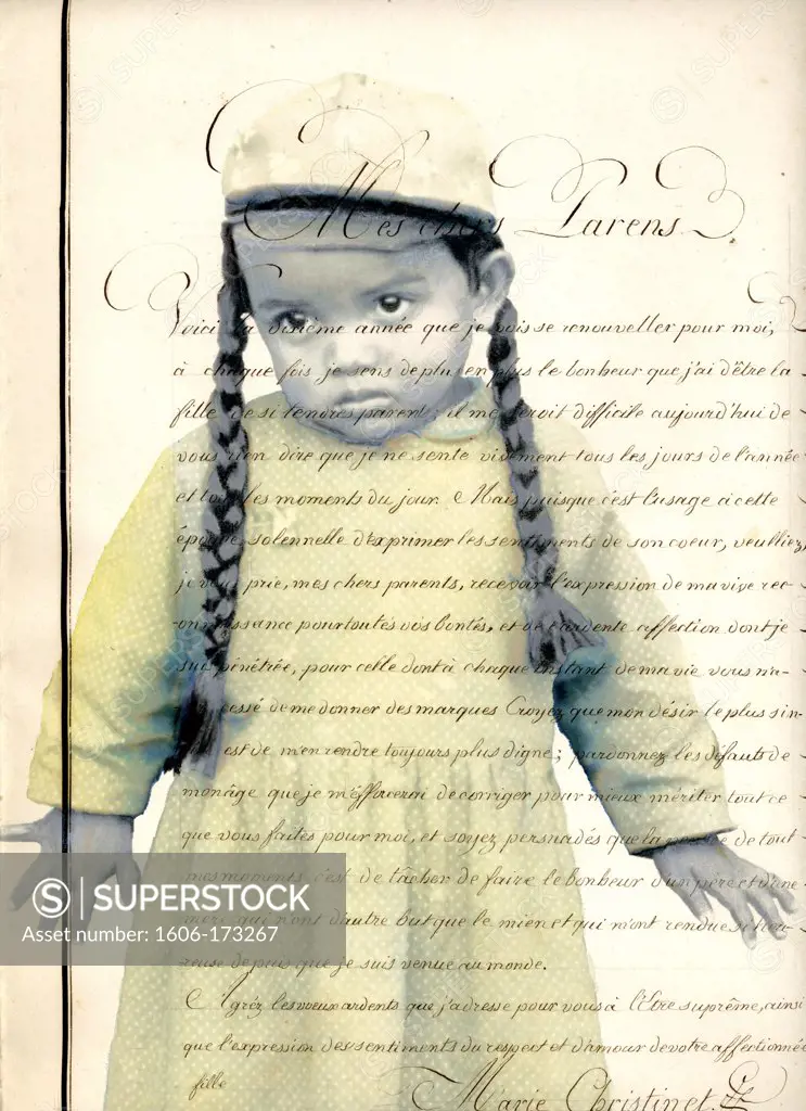 Painted photograph of a malagasy young girl on an ancient document