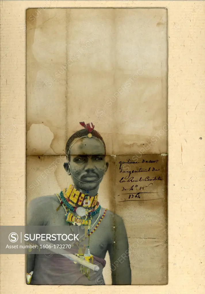 Painted photograph of kenyan masaï warrior on an ancient document
