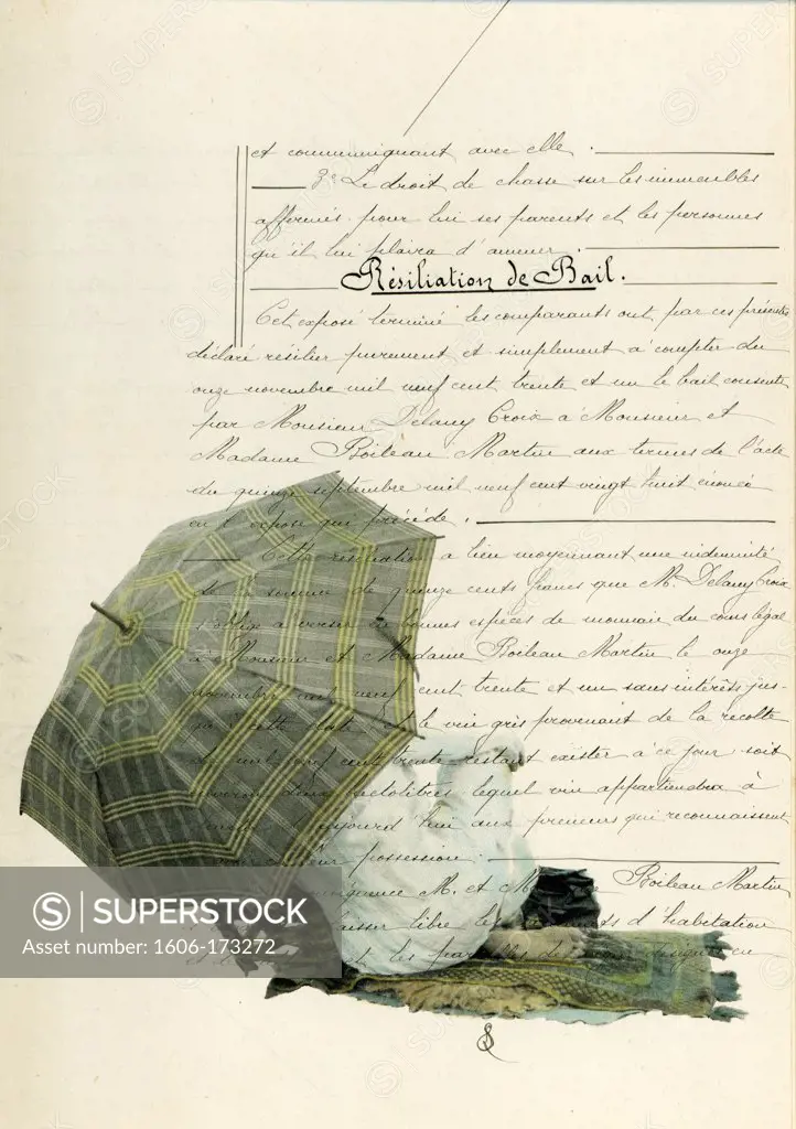Painted photograph of a man under an umbrella on an ancient document