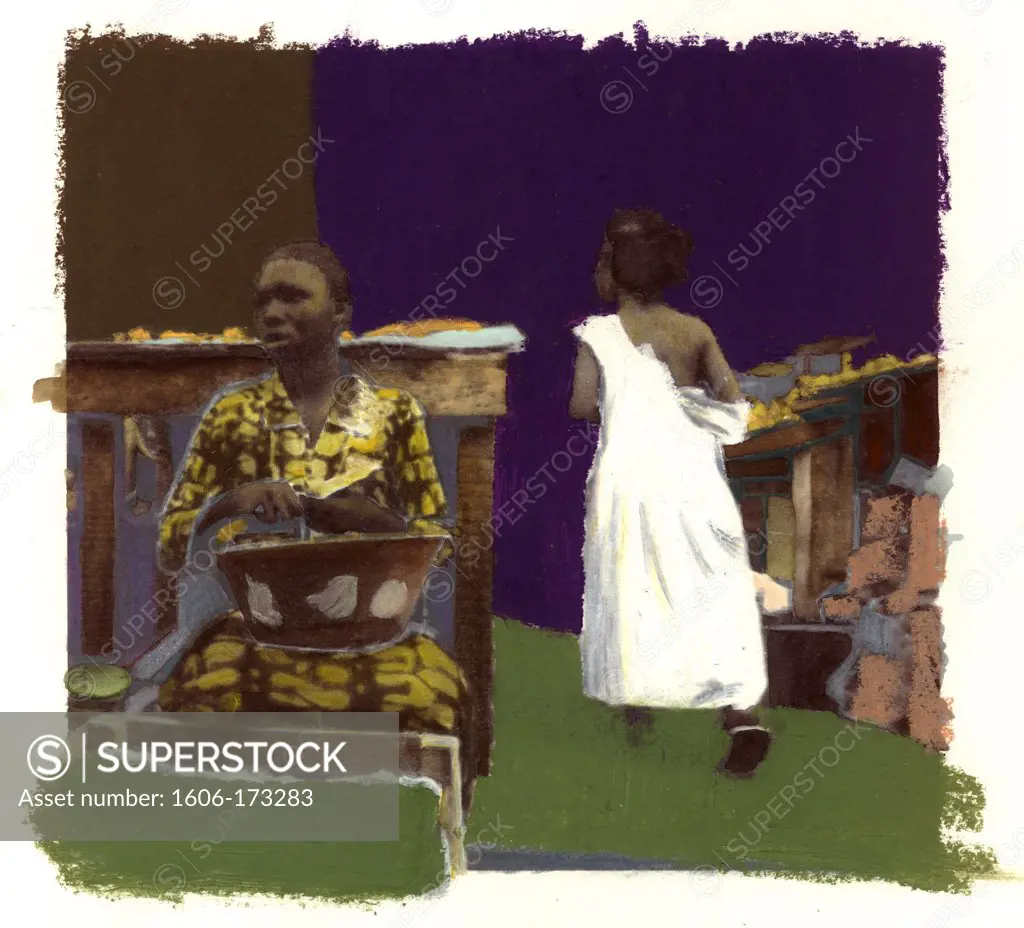 Painted photograph of african female vendor on water colour paper