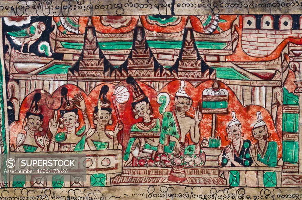 Myanmar (Burma), Sagaing State, Hpo Win Mounts, Po Win Daung, the Queen caves, wall paintings showing the itinerary of Buddha to the purification, the red ceiling is representative of the end of the 17th century