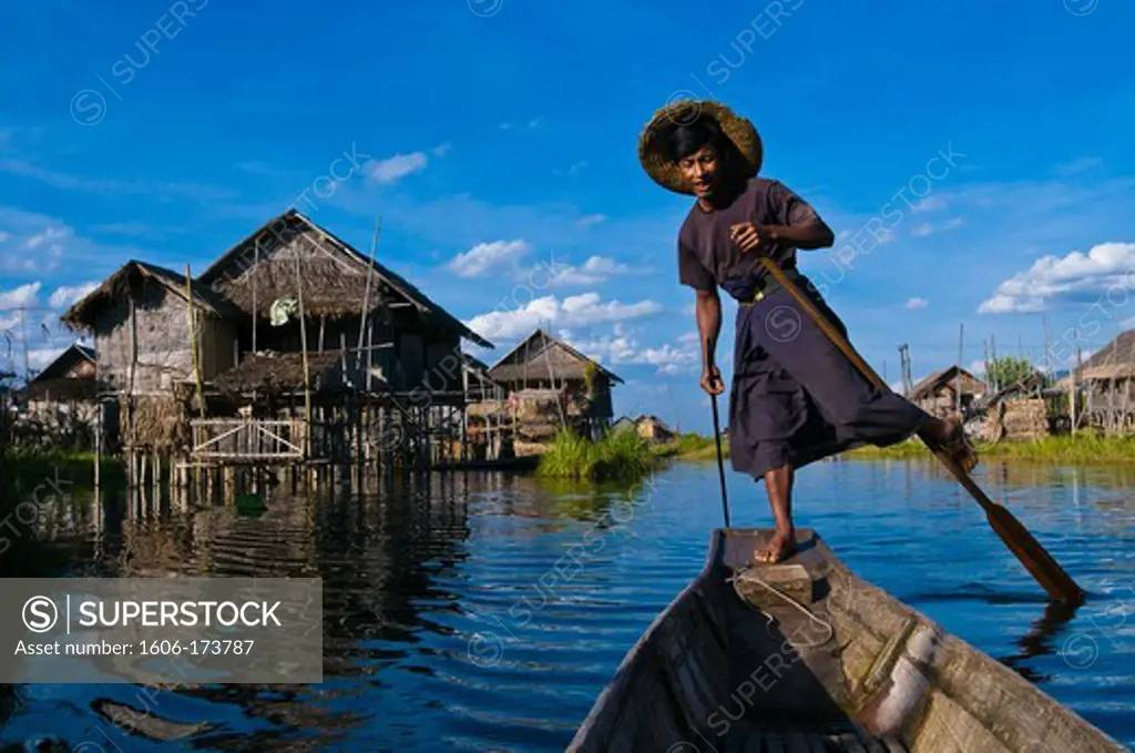 Myanmar (Burma), Shan State, Inle lake, Pauk Par village, the fisherman U Thone on his canoe, only way to move from one stilt house to the other