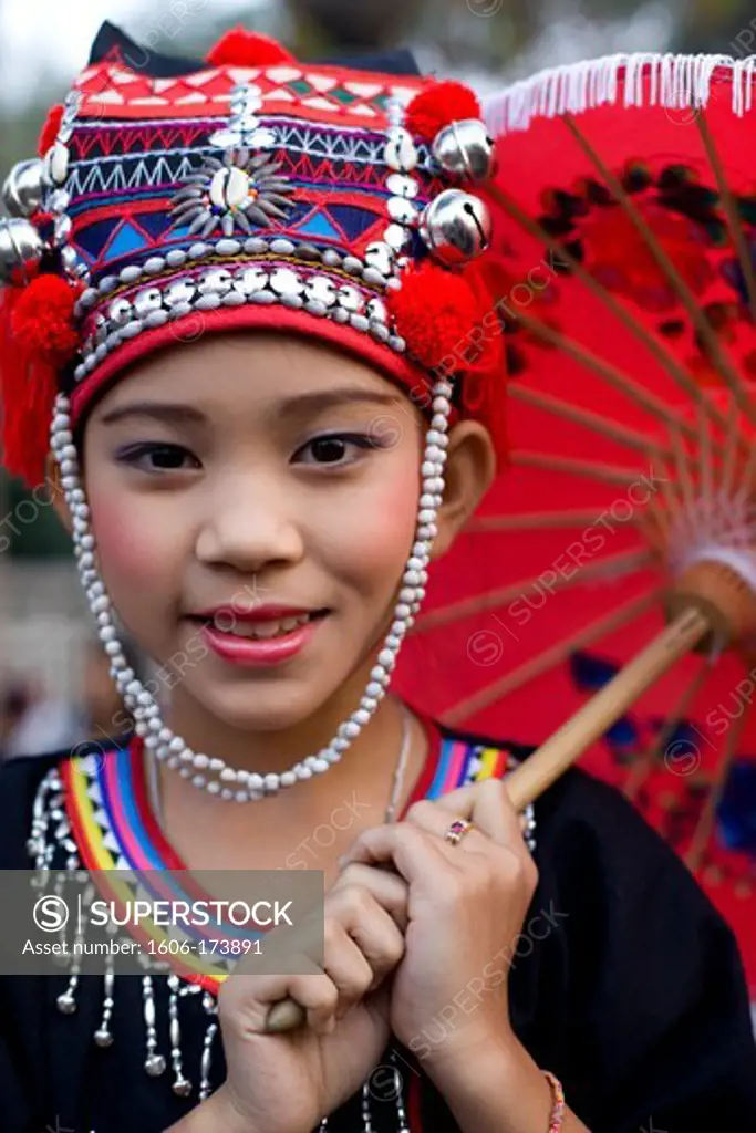 Thailand,Golden Triangle,Chiang Mai,Meo Hilltribe Girl Wearing Traditional Costume