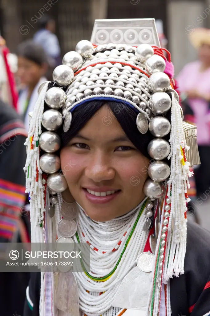 Thailand,Golden Triangle,Chiang Mai,Akha Hilltribe Girl Wearing Traditional Costume