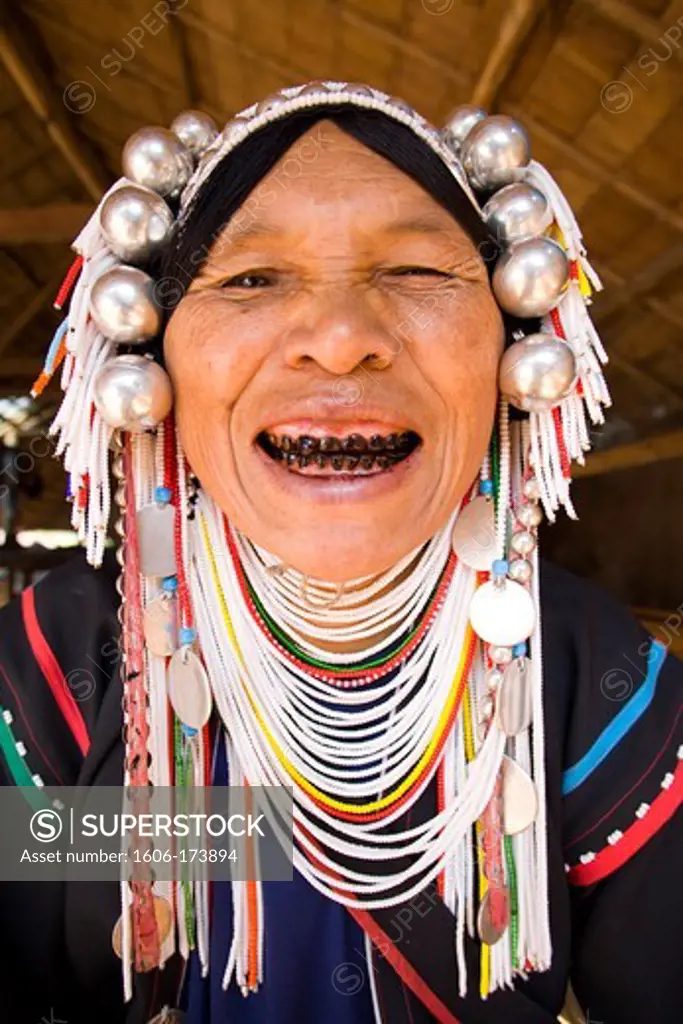 Thailand,Golden Triangle,Chiang Mai,Akha Hilltribe Woman Wearing Traditional Silver Headpiece