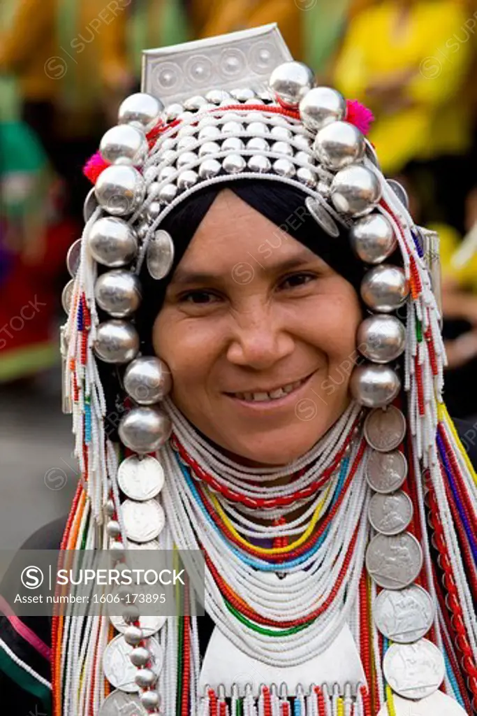 Thailand,Golden Triangle,Chiang Mai,Akha Hilltribe Woman Wearing Traditional Silver Headpiece