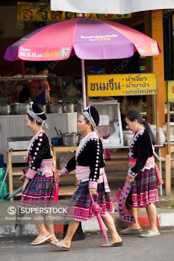Thailand,Golden Triangle,Chiang Mai,Street Scene with Meo Hilltribe Women in Traditional Costume