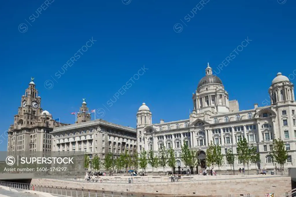 England,Liverpool,Pierhead with Port of Liverpool,Cunard and Royal Liver Historical Buildings