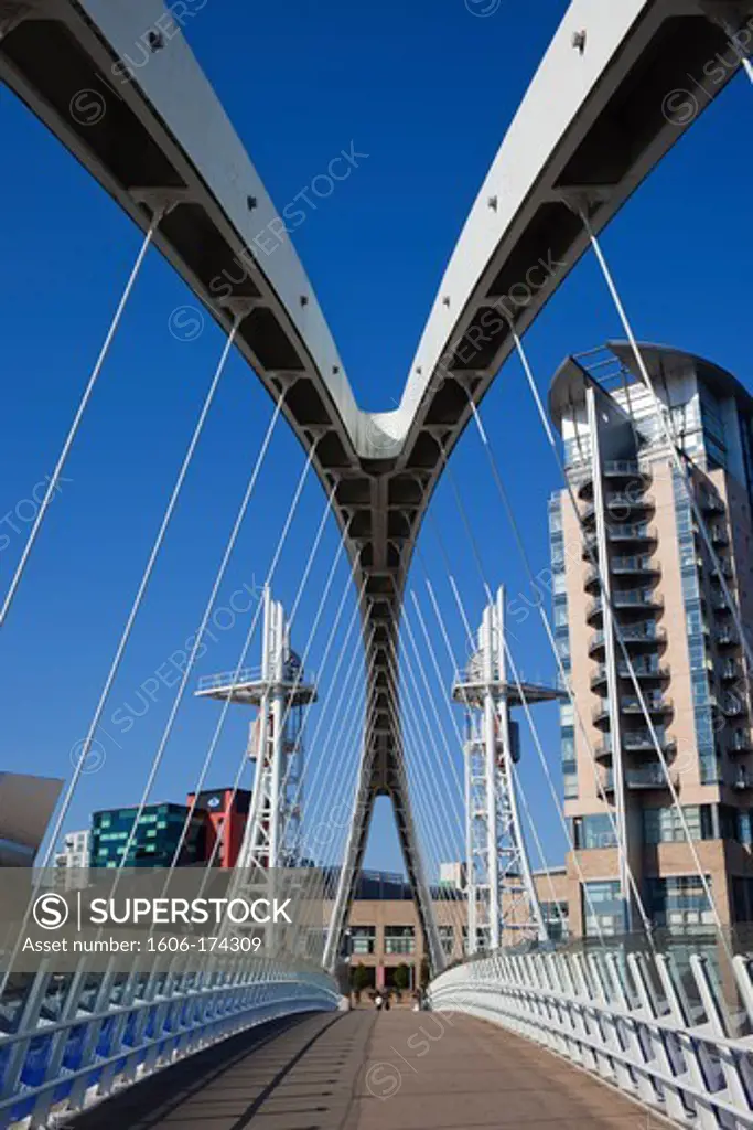 England,Lancashire,Manchester,Salford Quays,Millenium Bridge and the Lowry Centre