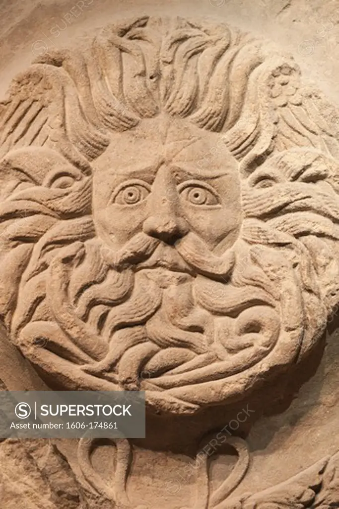 England,Somerset,Bath,Roman Baths,Detail of Gorgon's Head
