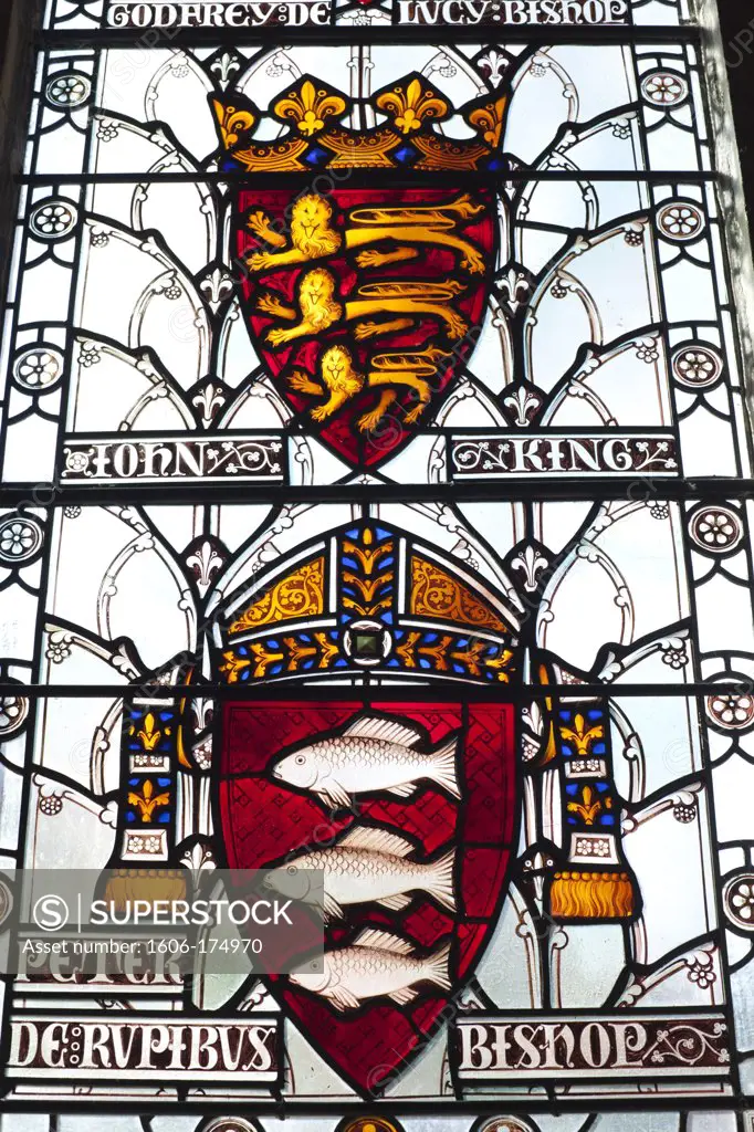 England,Hampshire,Winchester,The Great Hall,Stained Glass Window depicting Coats of Arms