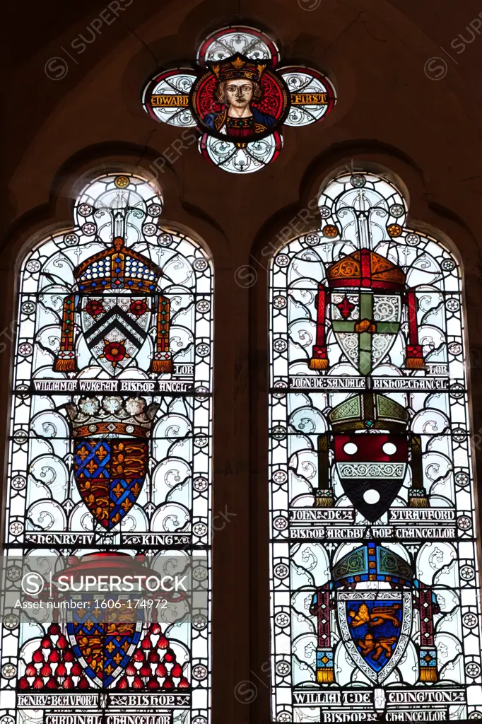 England,Hampshire,Winchester,The Great Hall,Stained Glass Window depicting Coats of Arms