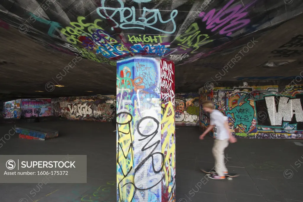 England,London,Southbank,Skateboarders under the Queen Elizabeth Hall