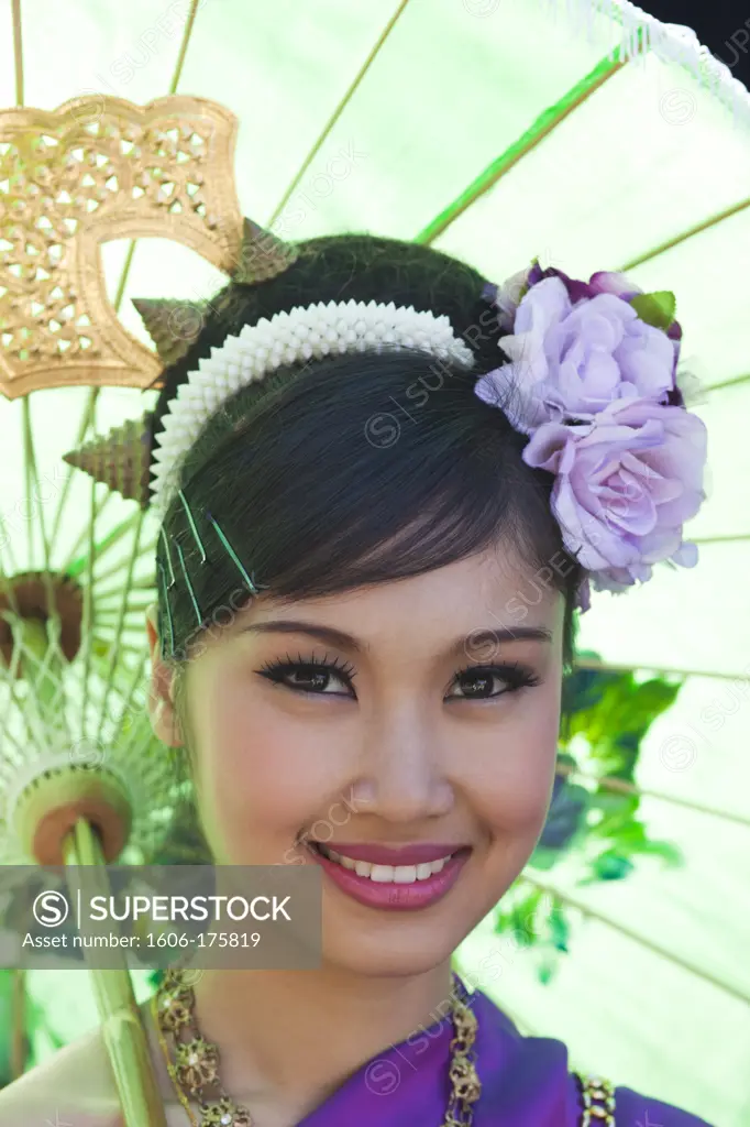 Thailand,Chiang Mai,Chiang Mai Flower Festival,Portrait of Girl in Traditional Thai Costume
