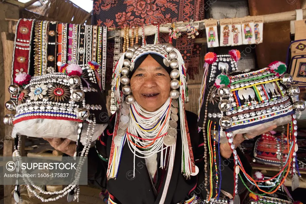 Thailand,Golden Triangle,Chiang Mai,Akha Hilltribe Lady Wearing Traditional Costume