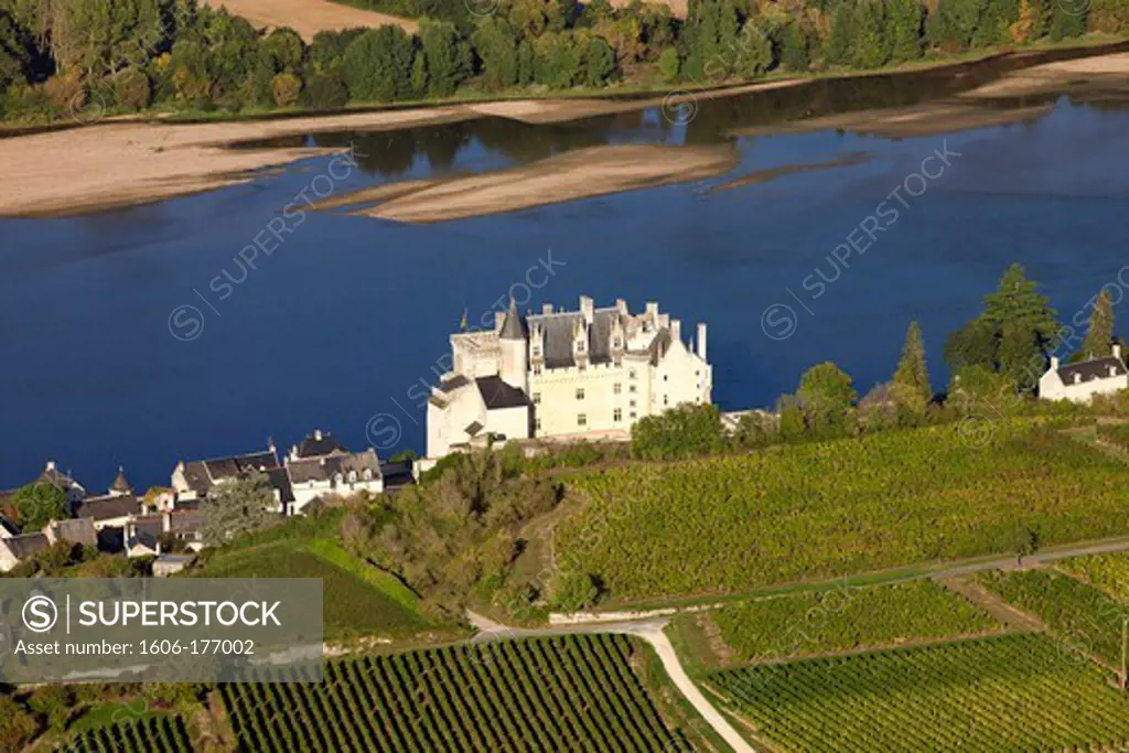 France, Maine et Loire (44), labeled Village Montsoreau The Most Beautiful Villages of France, the chateau of the fifteenth century, on the banks of the Loire, the vineyards of Loire wines, Champigny, Saumur, (aerial view)