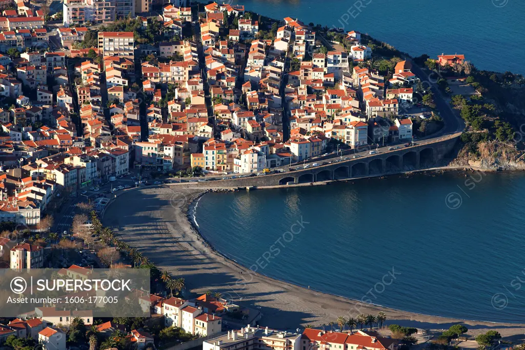 France, Pyrenees-Orientales (66), Banyuls sur mer, a port city and resort on the coast of Vermilion, The Banyuls is a wine appellation of controlled origin, (aerial view)