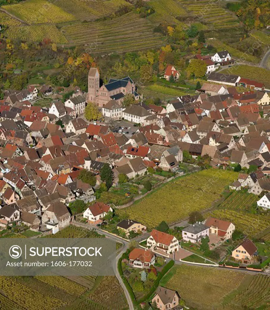 France, Haut-Rhin (68), Gueberschwihr, picturesque village of Alsace, situated on the Alsace wine route, autumn landscape, (aerial view)