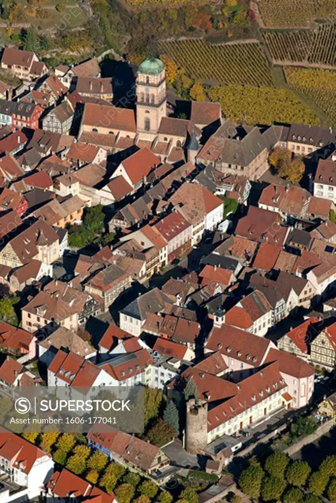 France, Haut-Rhin (68), Kaysersberg, picturesque village of Alsace, the wine route in the autumn, (aerial view)