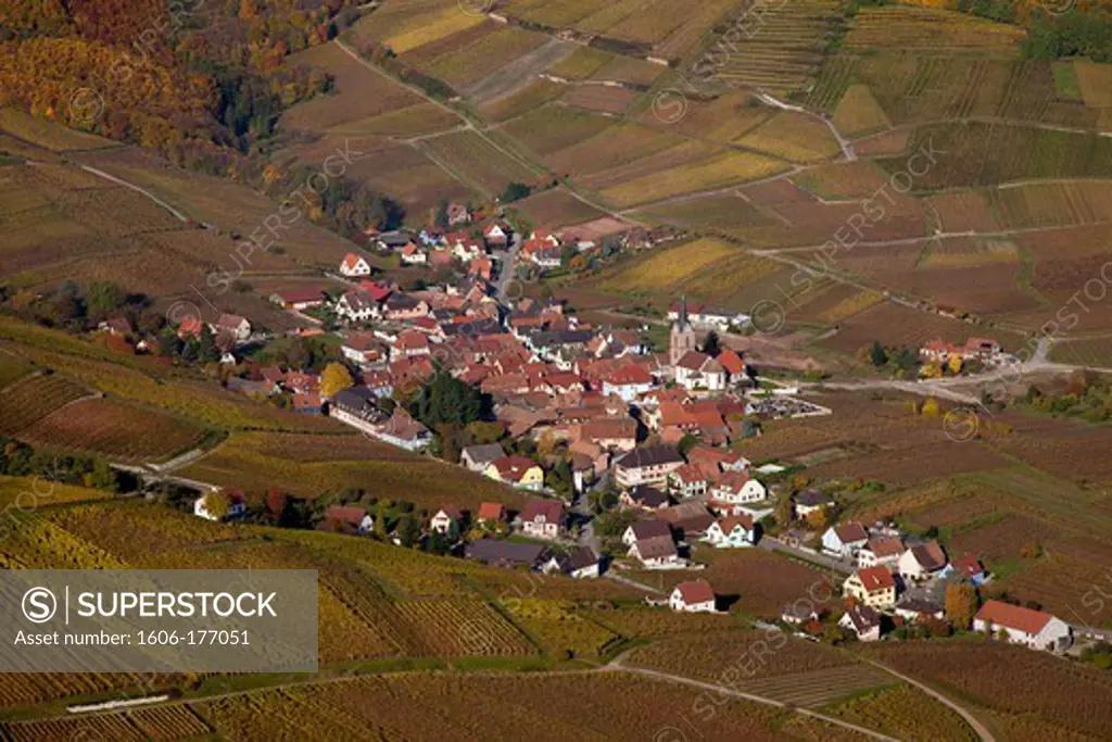 France, Haut-Rhin (68), Rodern picturesque village of Alsace, situated on the Alsace wine route, autumn landscape, (aerial view)