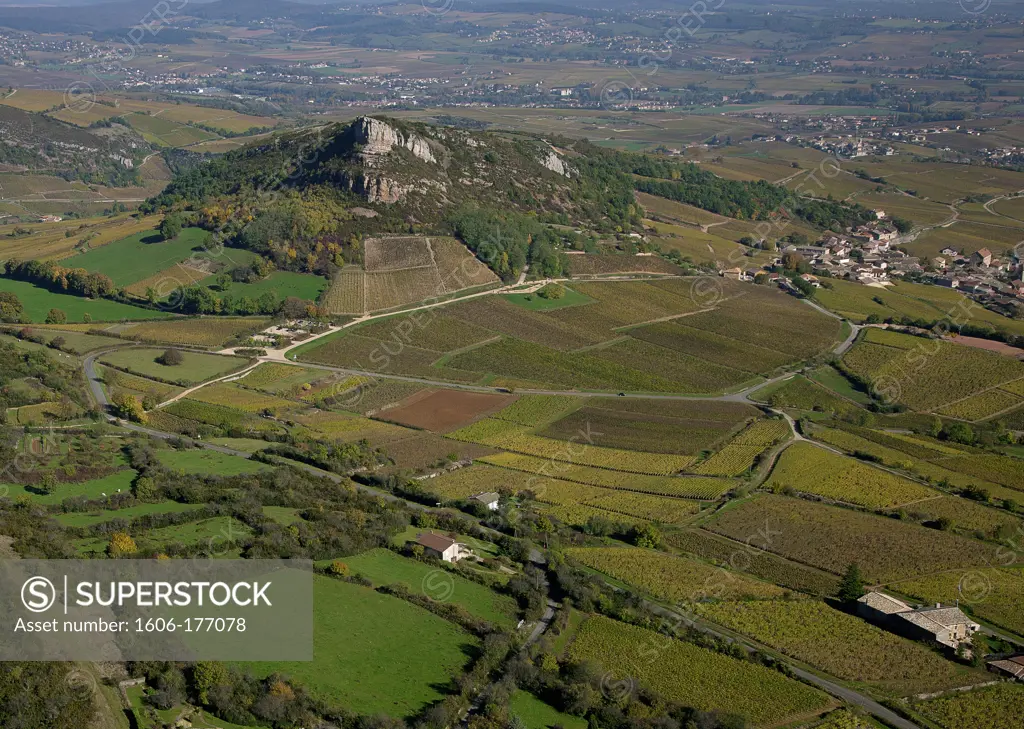 France, Saone-et-Loire (71), Solutre, village of the Mconnais vineyard, Cru Burgundy Pouilly-Fuisse, general view of the vineyard and the Solutre rock, (aerial view)