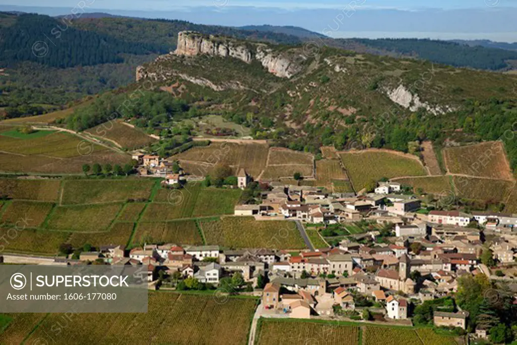 France, Saone-et-Loire (71), Solutre, village of the Mconnais vineyard, Cru Burgundy Pouilly-Fuisse, the Solutre rock, (aerial view)