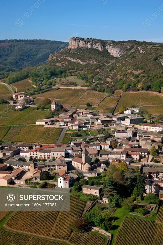 France, Saone-et-Loire (71), Solutre, village of the Mconnais vineyard, Cru Burgundy Pouilly-Fuisse, the Solutre rock, (aerial view)