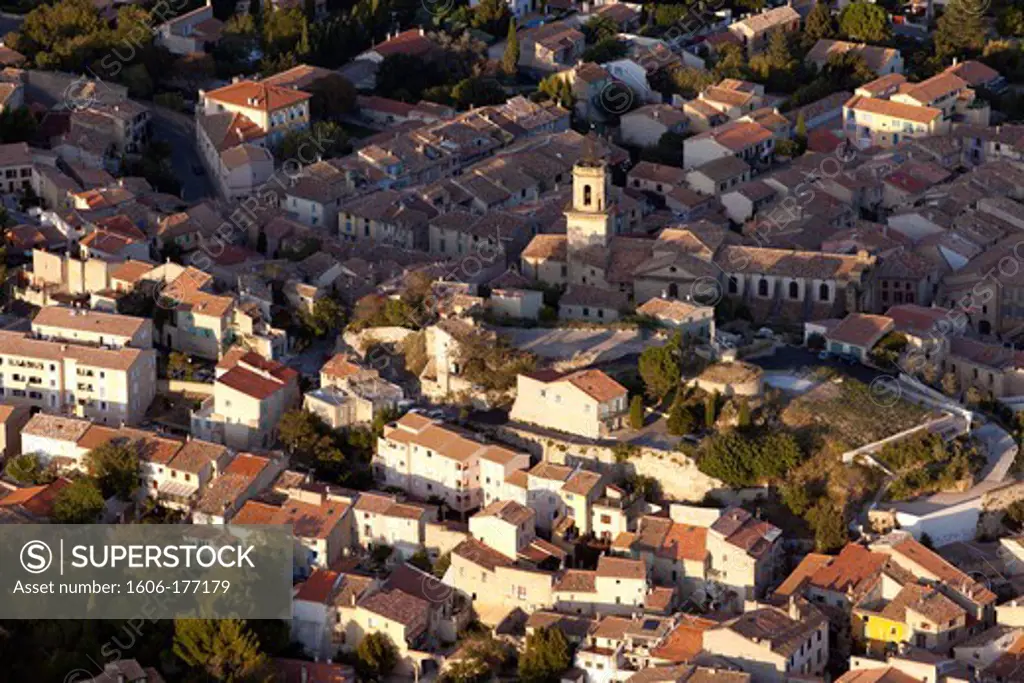 France, Bouche-du-Rhone (13), Eyguières, Provencal village of the Baux valley at the foot of the Alpilles, (aerial view),