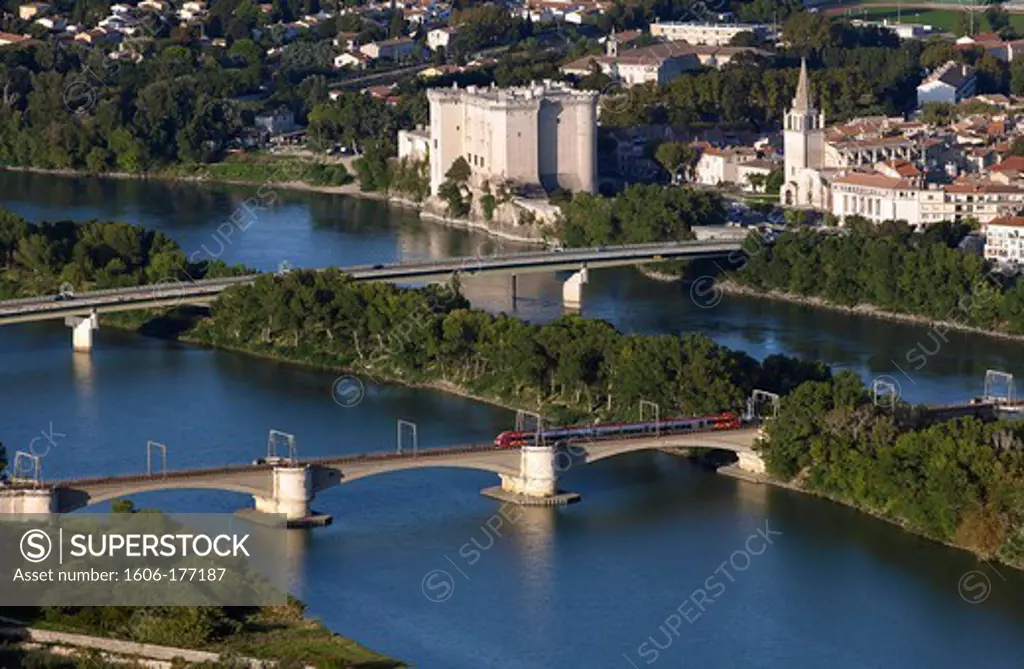 France, Bouche-du-Rhone (13), Tarascon, Medieval fortress XV century, says, castle of King Rene, the Rhone, (aerial view),